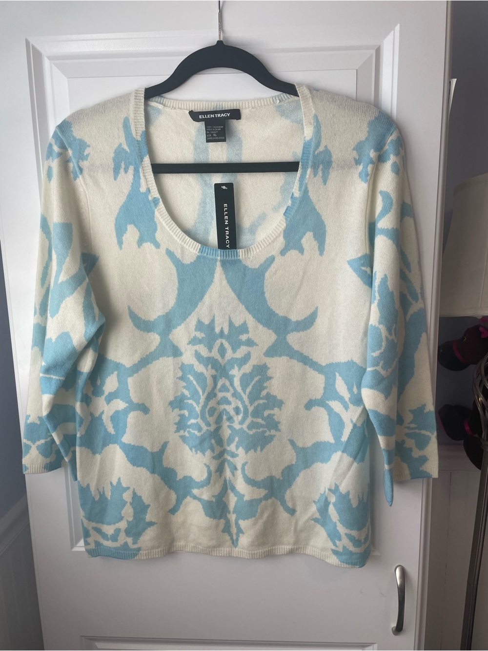 NWT Ellen Tracy 100% Cashmere Blue Ivory Damask Sweater XL